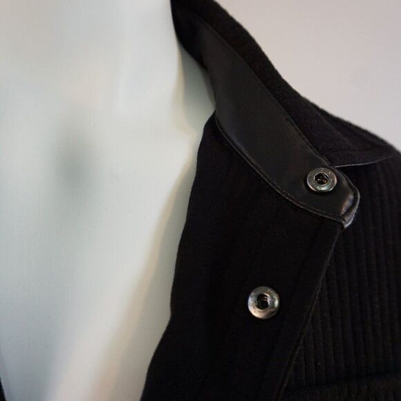 Karl Lagerfeld Men Sz L Shirt Jacket Black Ribbed Knit Snap Buttons Leather Trim - Picture 9 of 12